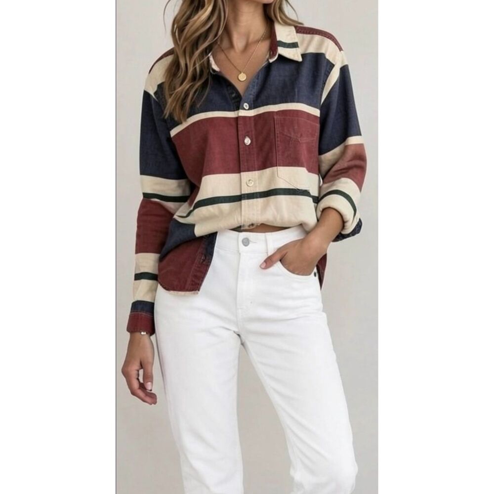 Quizz NY VTG Women's Denim Med Long Sleeve Buttoned-Up Shirt Navy Blue Red White